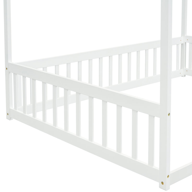 Lit à baldaquin gris avec clôture et garde-corps, pour un sommeil paisible et sécuritaire fabriqué en bois d'hévéa de haute qualité