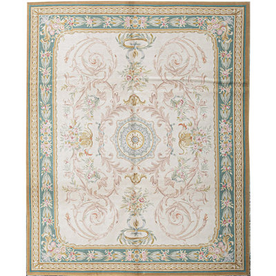 Hand-Knotted High-Quality Ivory and Green Area Rug