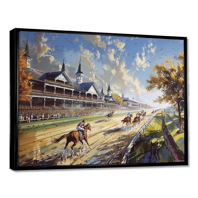 Margrie - Art mural de course de chevaux, Cadre flottant noir, H 30 po x l 40 po x P 1,5 po