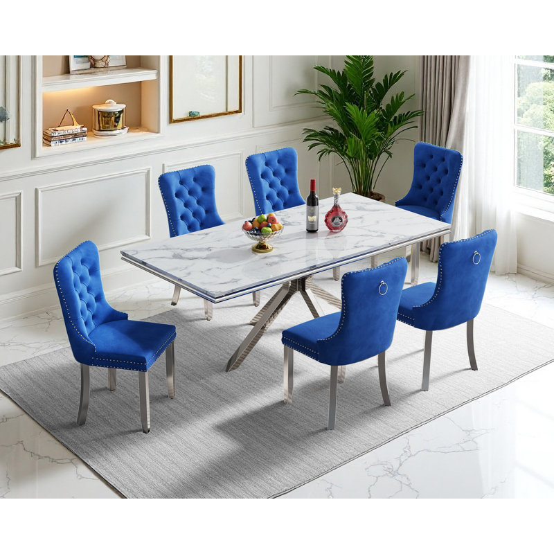 Dining Table with Dining Chairs, Silver, 7 Pieces: Table, 6 Chairs, Blue