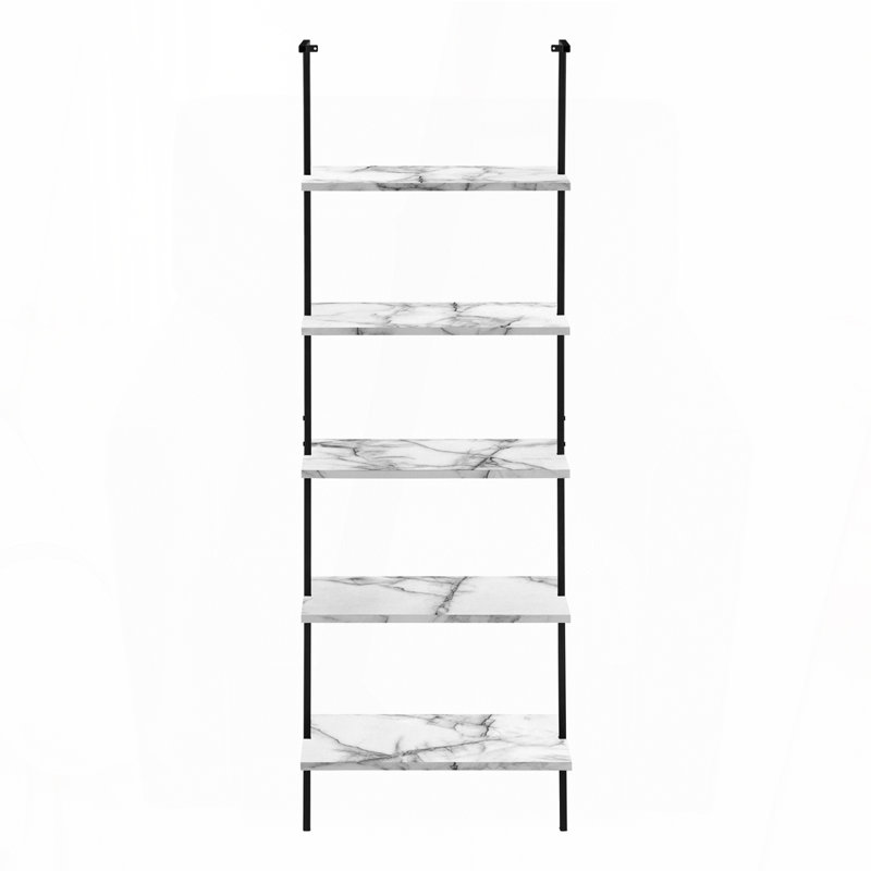 Bookshelf, Bookcase, Etagere, Ladder, 5 Tier, 72"h, Office, Bedroom, White Marble Look Laminate, Black Metal, Contemporary, Modern