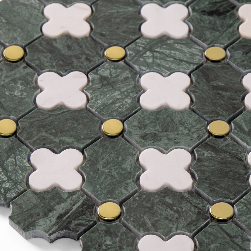 Carreau de mosaïque de mur et de sol en marbre indien vert et Thassos, Blanc, vert