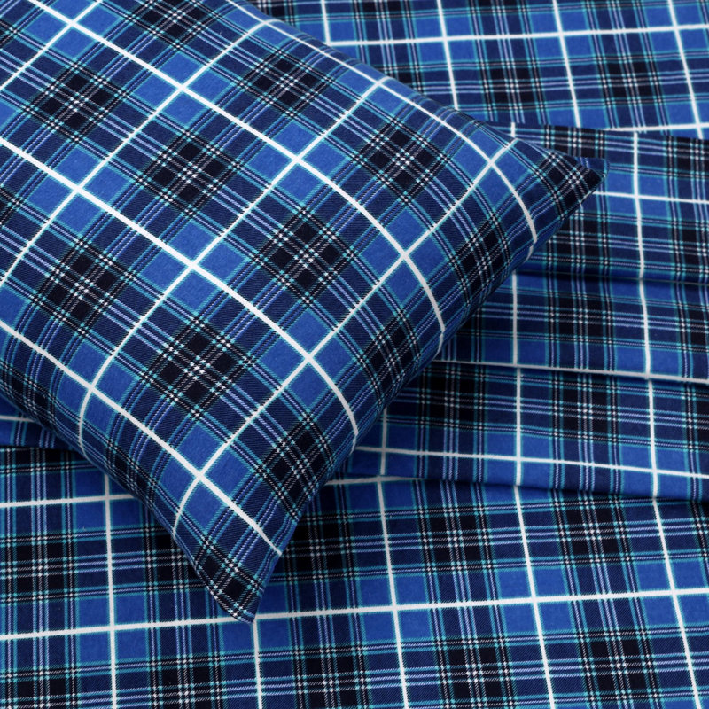 Draps en flanelle RUVANTI 100 % coton, taille Queen, ensemble de 4 pièces, poches profondes de 40 cm, à carreaux bleus
