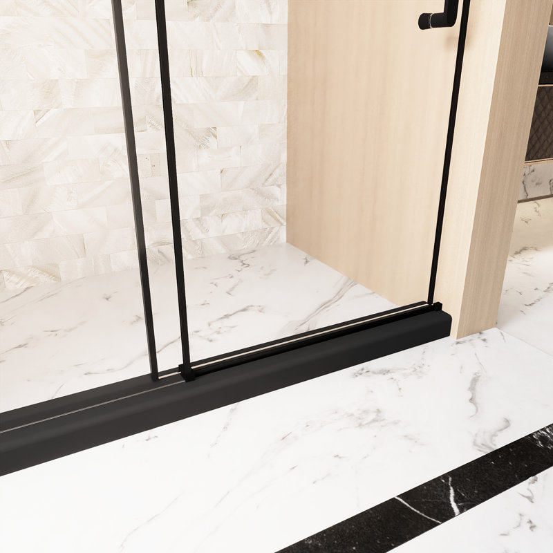 56 - 60 "w X 76" H Single Sliding Shower Door, 1/4 "(6 Mm) Clear Tempered Glass With Film, Stainless Steel Handle And Square Tube Track, Matte Black For Bathroom Door H, Handle,