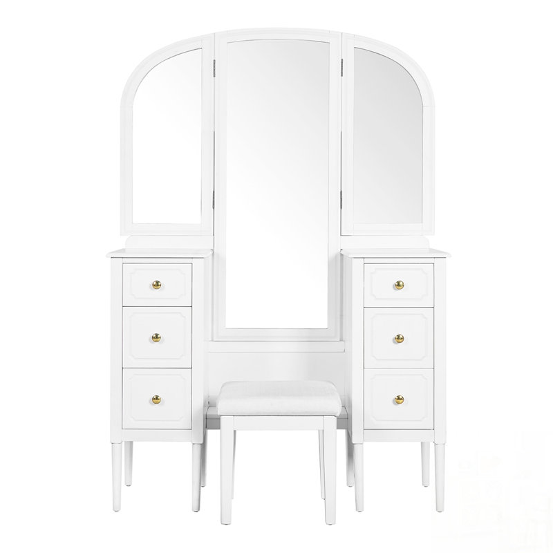 Makeup Vanity Desk with Triple Mirror, 6-Drawer Dressing Table Set Including Upholstered Stool and Full-Length Mirror