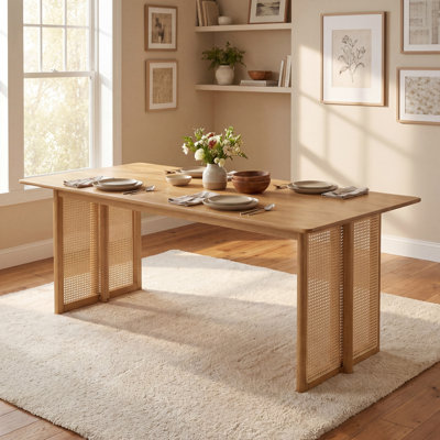 Natural Rubber Wood Dining Table with Natural Plastic Rattan Accents – 70.87''L Indoor Kitchen Table, 800 lbs Capacity