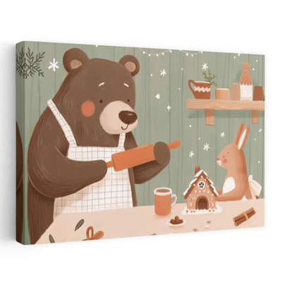 Holiday Baking Friends Abstract Contemporary Bear Rabbit Winter Forest Wall Art Print by Mathieu - Wrapped Canvas Print