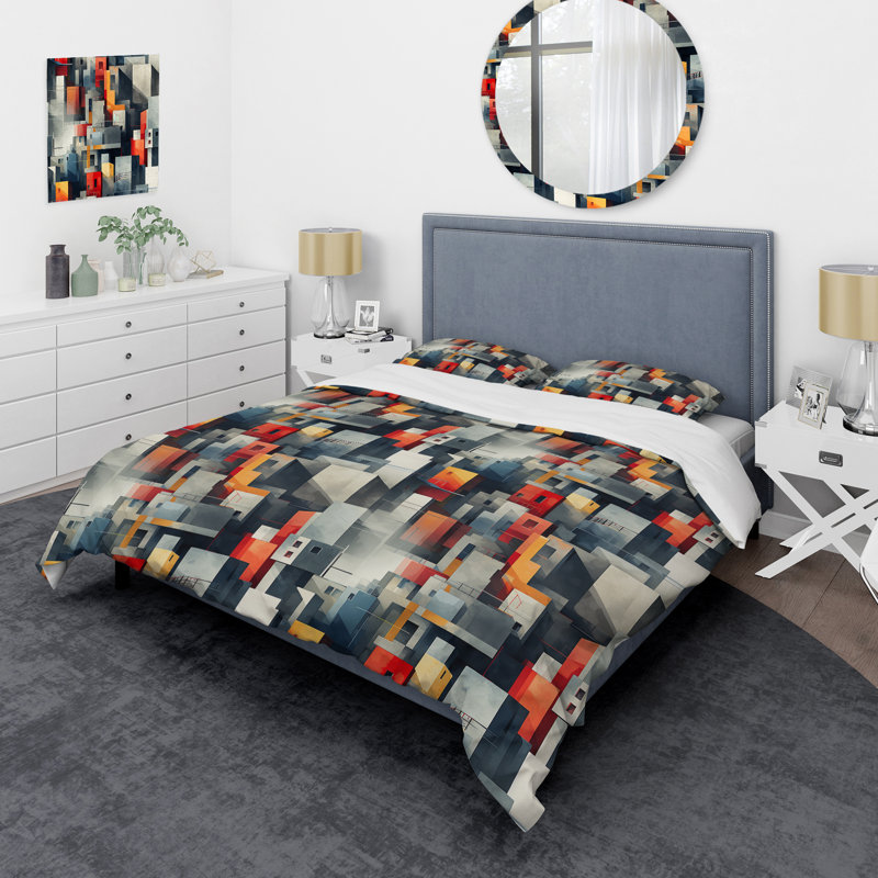 Ensemble de housse de couette rayé Grey Cubic Striped Wall Pattern, Housse de couette pour grand lit et 2 taies décor