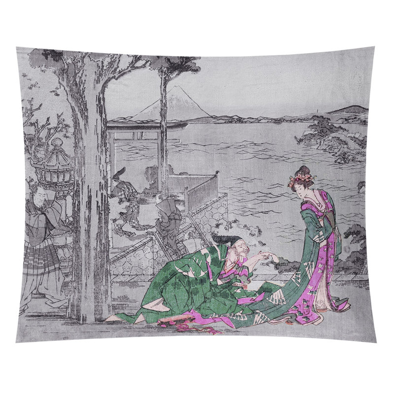 Tapisserie de courtisane japonaise, Intérieur, H 27,5 po x l 37,5 po, Gris / vert / rose