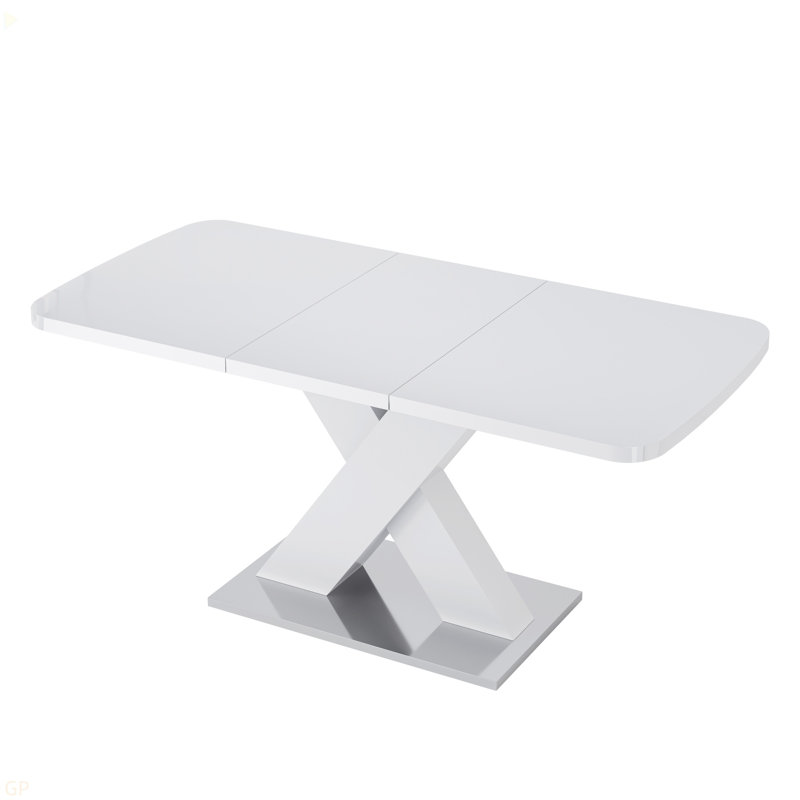Modern Square Dining Table, Stretchable, White Table Top+MDF X-Shape Table Leg With Metal Base