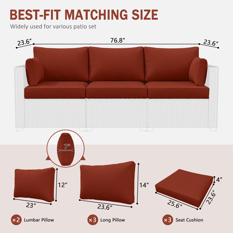 Wynee 8Pcs Outdoor Cushions Patio Furniture Cushions Replacement Set For 3 Seats, Terra Red