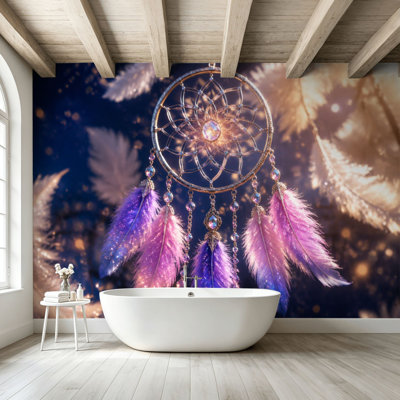 Peel and Stick Wallpaper Wall Mural Dreamcatcher Purple Pink Feathers Sparkling Night Setting Wall Art Self Adhesive and Removable