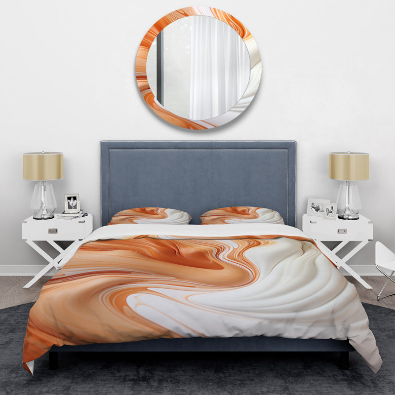 Vagues de peinture orange et blanche - Ensemble de housse de couette abstrait - Microfibre de polyester