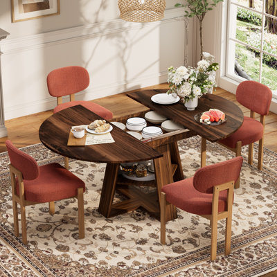 Multi-Functional 43.3"-59" Extendable Dining Set With Storage Shelf And Chenille Fabric Chairs, Space-Saving Family Dining Table Set