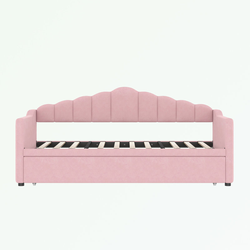 Twin Size Daybed with Adjustable Height Pop Up Trundle, USB & Type-C Charging Port and 2 Side Pockets, Pink