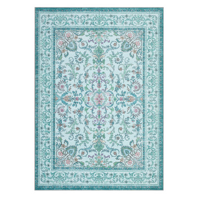 Washable Boho Floral Area Rug – Low Pile, Non-Slip, Soft Large Carpet for Living Room, Bedroom, Nursery, Playroom – 8x10ft, Bright Blue, USA