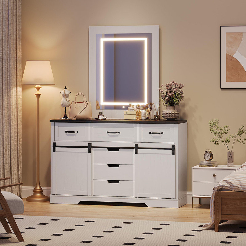 Commode 6 tiroirs avec portes coulissantes et miroir lumineux, pour chambre à coucher ou salon