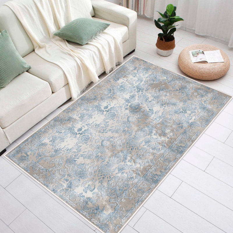 Premium Cotton Area Rug, 3.9 x 8.2 Feet | 100% Cotton, 1.3 Lbs/sq ft, Pile Height: 0.4 in, Total Thickness: 0.3 in | Antibacterial, Non-Slip PVC Underside, Machine Washable | Elegant Blue & Grey Design for Home Décor