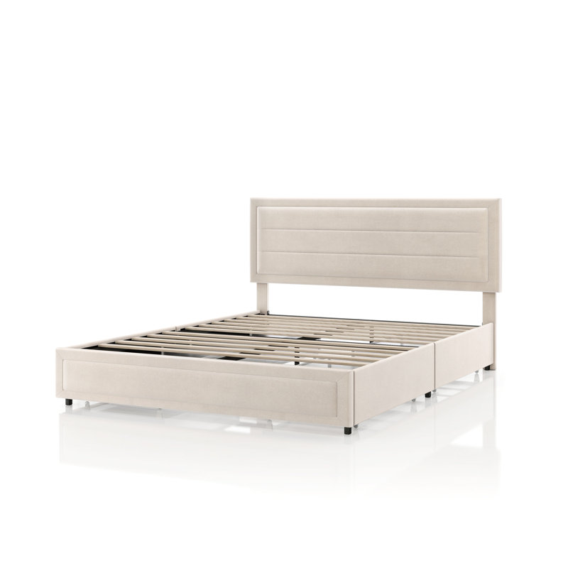 Lit plateforme tapissier avec rangement, Double, Velours ivoire