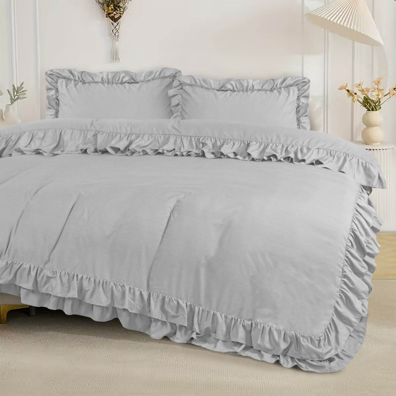 DUVET FRILL Microfiber Solid Colour Duvet Cover with Pillowcases Included, Silver