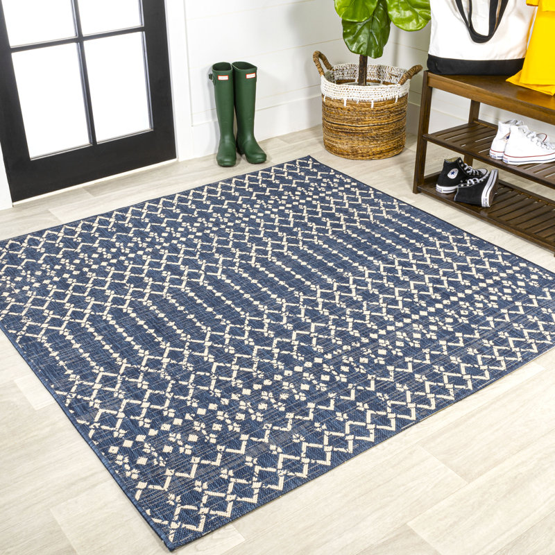 Crompton Moroccan Geometric Textured Weave Indoor/Outdoor Rug, Square 3'1", Navy/Beige