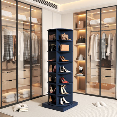 Blue 360 Rotating Shoe Holder Shelf, 28 Pair Capacity, Space Saving, Easy To Clean, American Style Rack, 7 Layers, Pairs, Navy Blue, Home Vigor