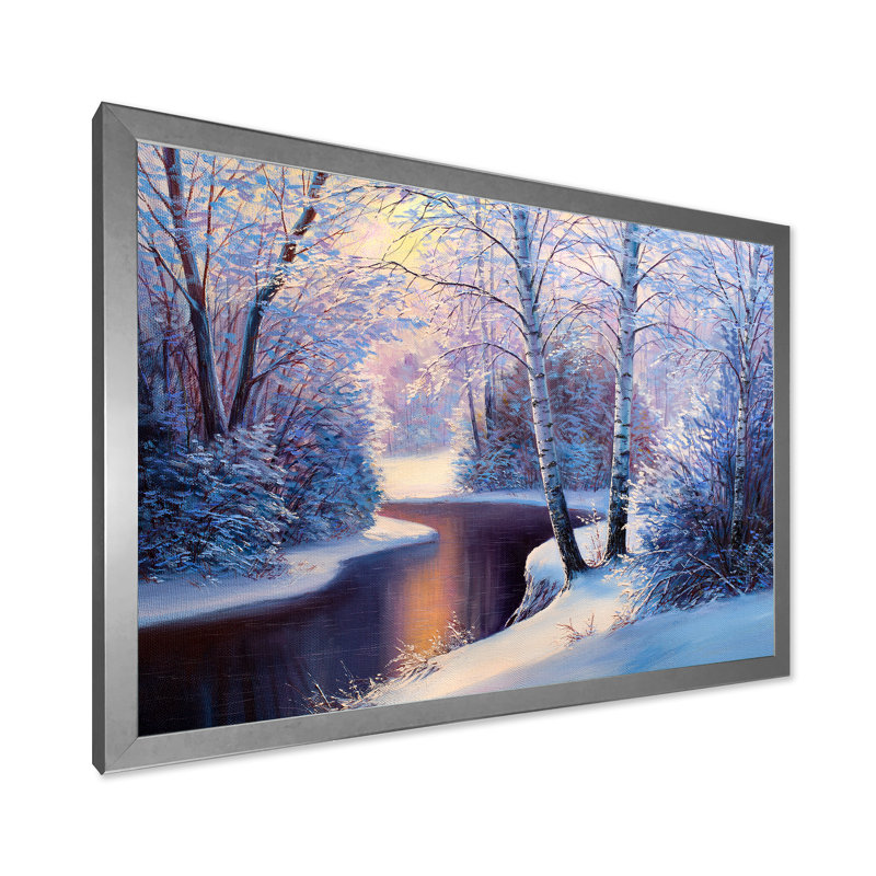 Forêt de Noël avec rivière et arbres I - peinture sur toile, H 30 po x l 40 po x 1,5 po, Cadre photo argenté