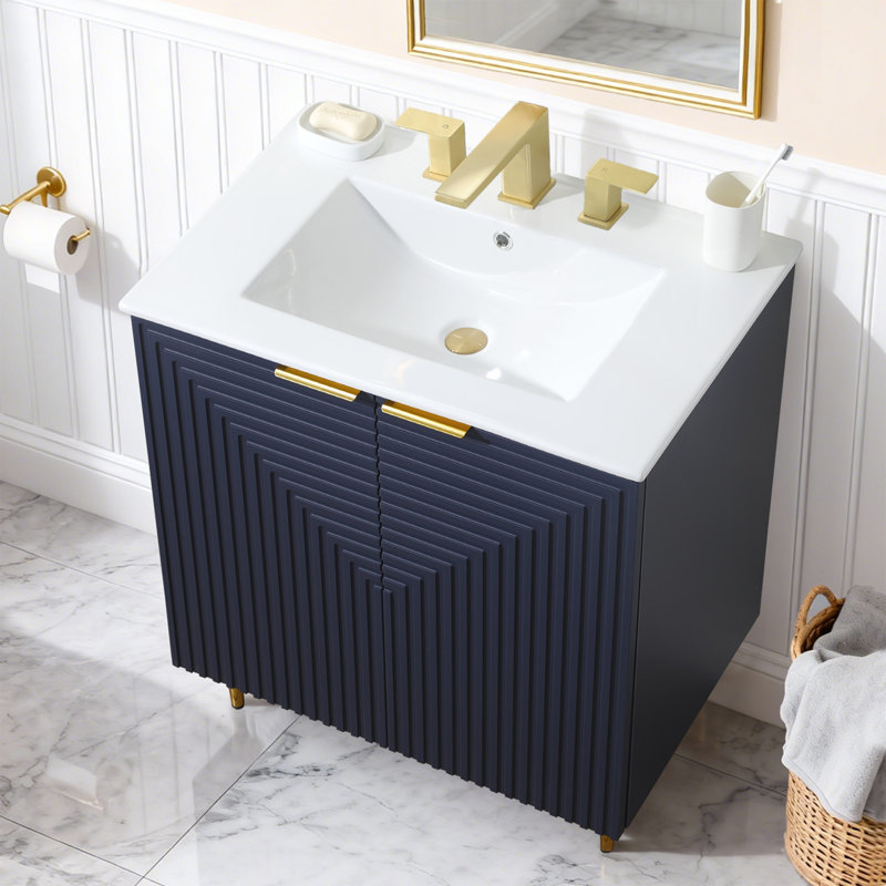 30" Modern Free-Standing Single Bathroom Vanity with Integrated Ceramic Top & Double-Door 2-Tier Storage - Blue, Blue
