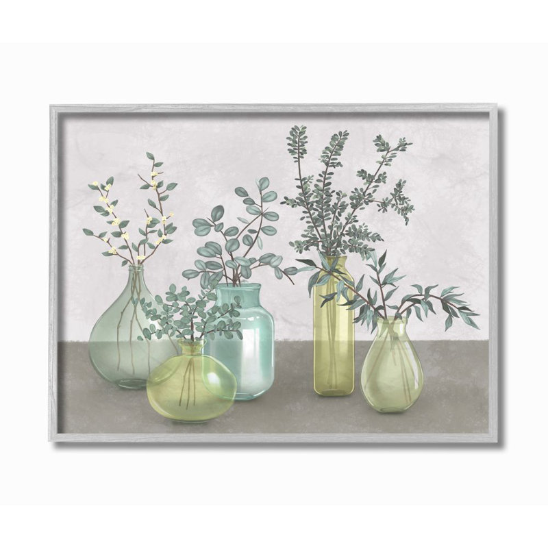 " Plants In Vases Neutral Gray Design " by Ziwei Li, Farmhouse Grey Framed Giclee, 24" H x 30" W x 1.5" D