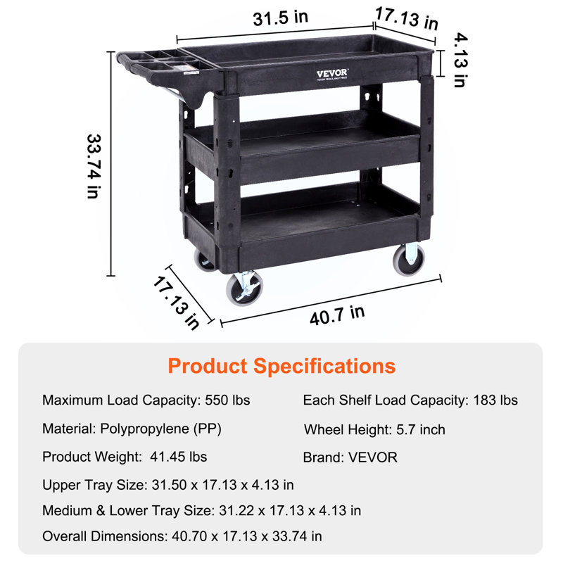 Gray Heavy Duty 3-Shelf Utility Service Cart with Swivel Wheels