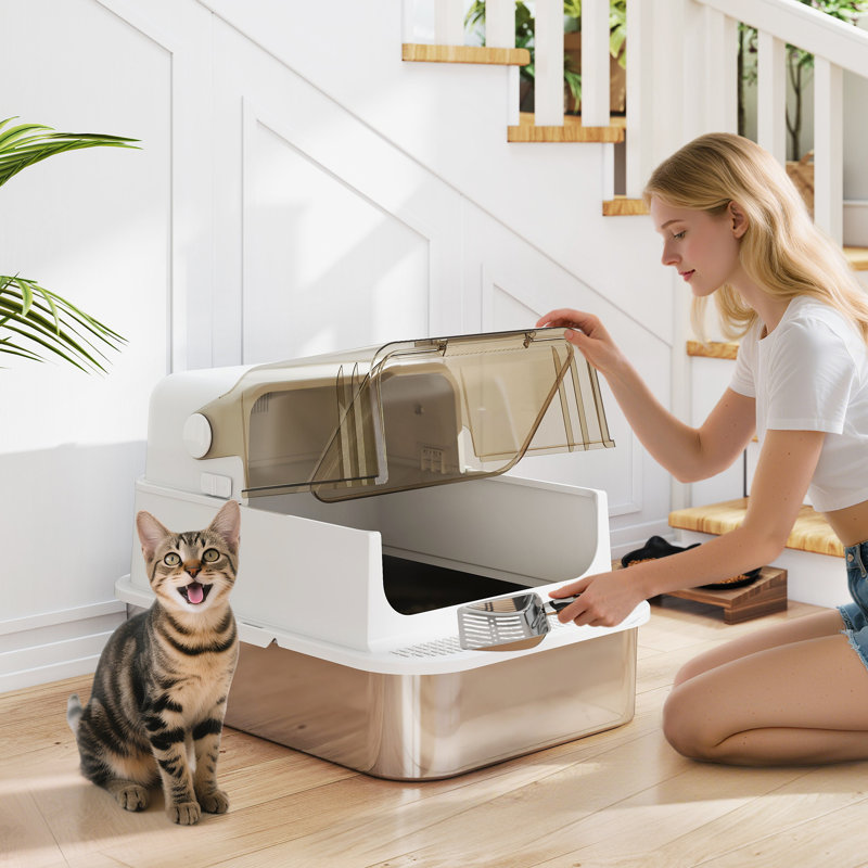 Enceinte de litière pour chat facile à nettoyer avec pelle et couvercle rabattable blanc