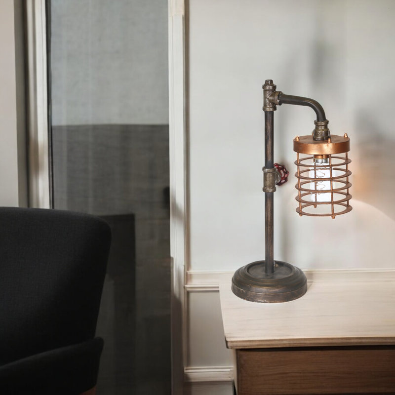 Mosche Industrial Metal Table Lamp with Caged Shade and Valve Accent - Vintage-Inspired, Rustic, Decorative, Steampunk-Style Desk Lamp for Home or Office Lighting
