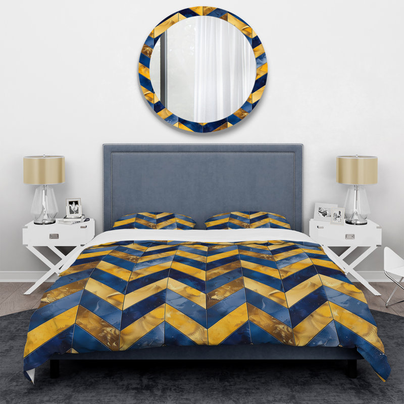 Blue Gold Chevron Print III - Modern Duvet Cover Set, King Duvet Cover + 2 King Shams