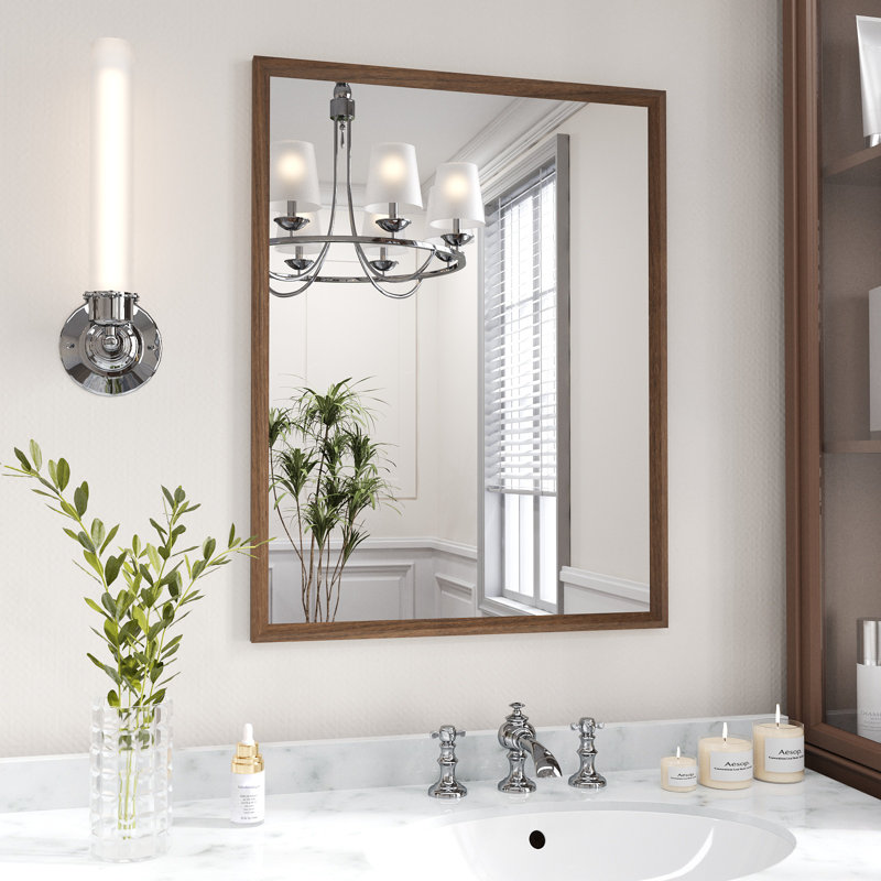 Walnut Wood Grain Framed Rectangle Bathroom Mirror, Wall Mounted Vanity Mirror with 4 MM Tempered Glass, 30" x 22"