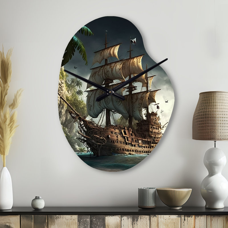 Bateau pirate sur l'océan - Horloge murale en forme de bateau, horloge murale asymétrique traditionnelle, Petit