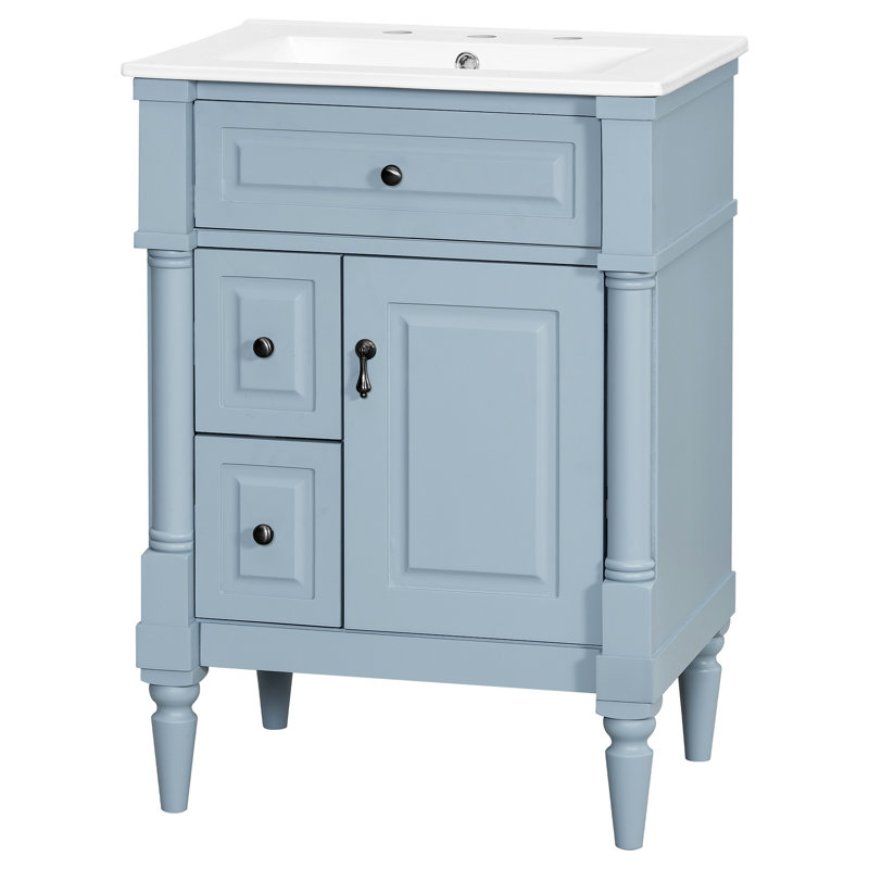 Meuble-lavabo de 24 po avec lavabo, armoire de salle de bain autoportante avec tiroir rabattable, tablette réglable, structure en bois d'hévéa massif, panneaux de fibres à densité moyenne et poignées en métal