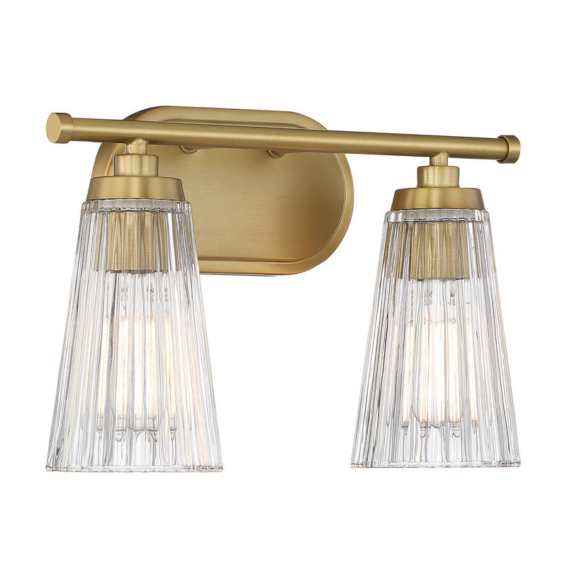 Jeanie Steel and Glass Dimmable Bathroom Vanity Light, Brass, 2 Lights, 10" H x 14" W x 14" D