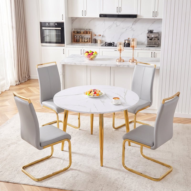 Ensemble de salle à manger 5 pièces moderne rond en ovale en faux marbre, Gris clair