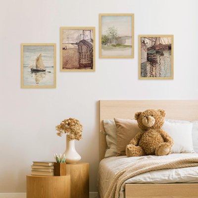 Rurale pastorale européenne, bateau, bateau, port, paysage, illustrations rétro classiques, décor de chambre à coucher encadrée sur papier, impression de 4 pièces