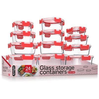 Contenant alimentaire en verre borosilicaté Bakken avec couvercles 24 pièces, contenants empilables sans BPA, allant au four à micro-ondes, au congélateur et au lave-vaisselle, 100% étanche à l'air, rouge