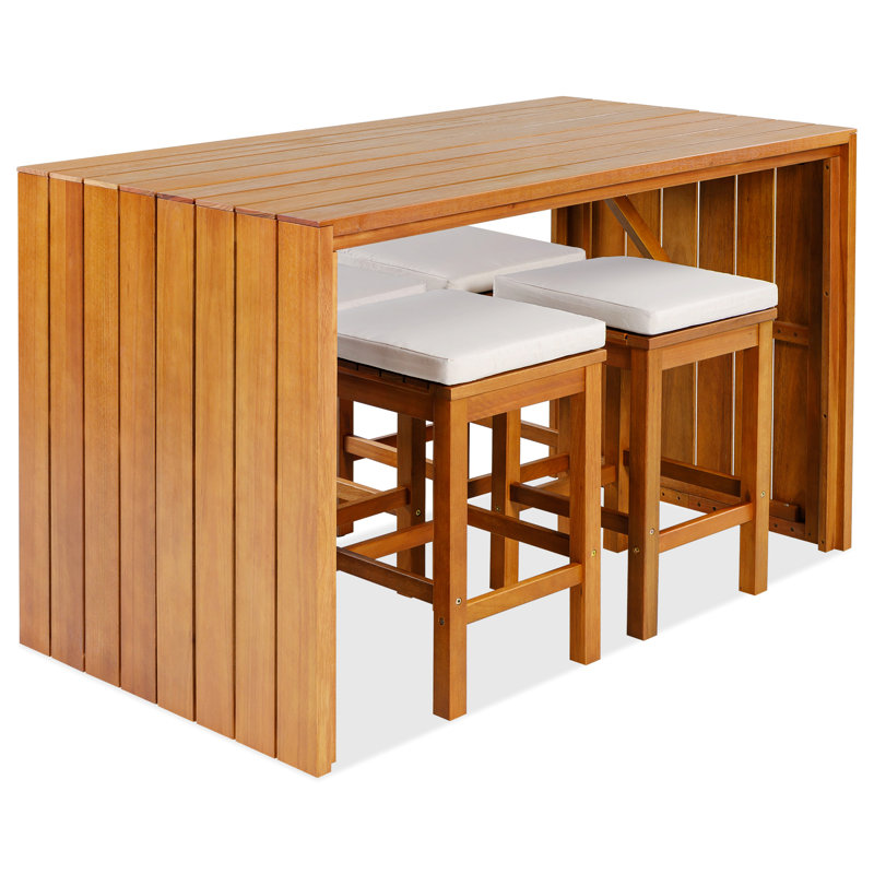 Ensemble de bar extérieur 5 pièces, table de salle à manger en bois de patio et quatre tabourets avec coussins pour la cour, le bord de la piscine et le balcon