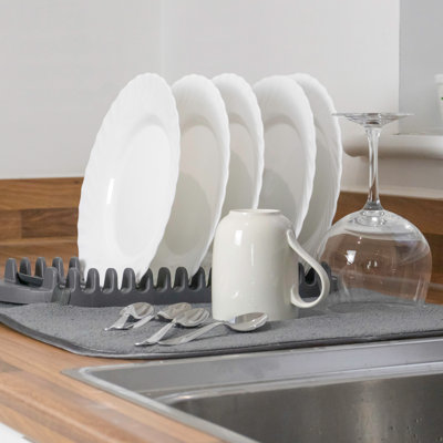 JVL Sesha Dish Drying Mat with Rack - Microfibre Kitchen Drying Mat & Drainer