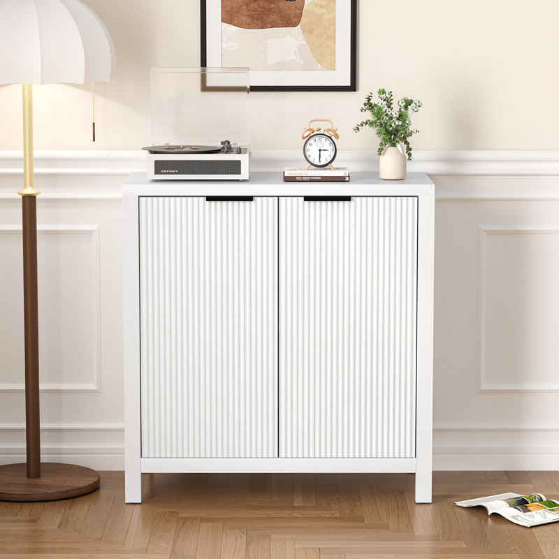 Buffet moderne cannelé avec tablettes réglables et petit buffet avec crédence et console, Blanc