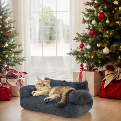 Cat Couch, Washable Cat Bed, Calming Pet Sofa Bed Puppy Sleeping Bed With Pillow For Indoor Cats, Fluffy Dog Couch For Kitten Chinchilla Rabbit