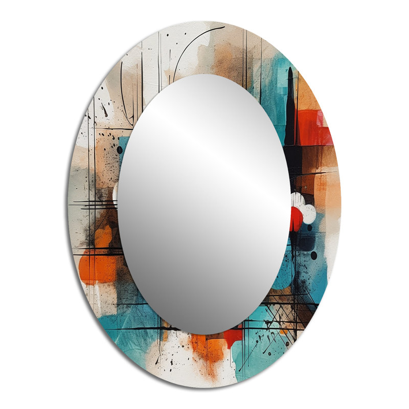 Orange Abstracted Geometric Explorations III - Large Oval Wall Mirror On Metal, 40" x 30"