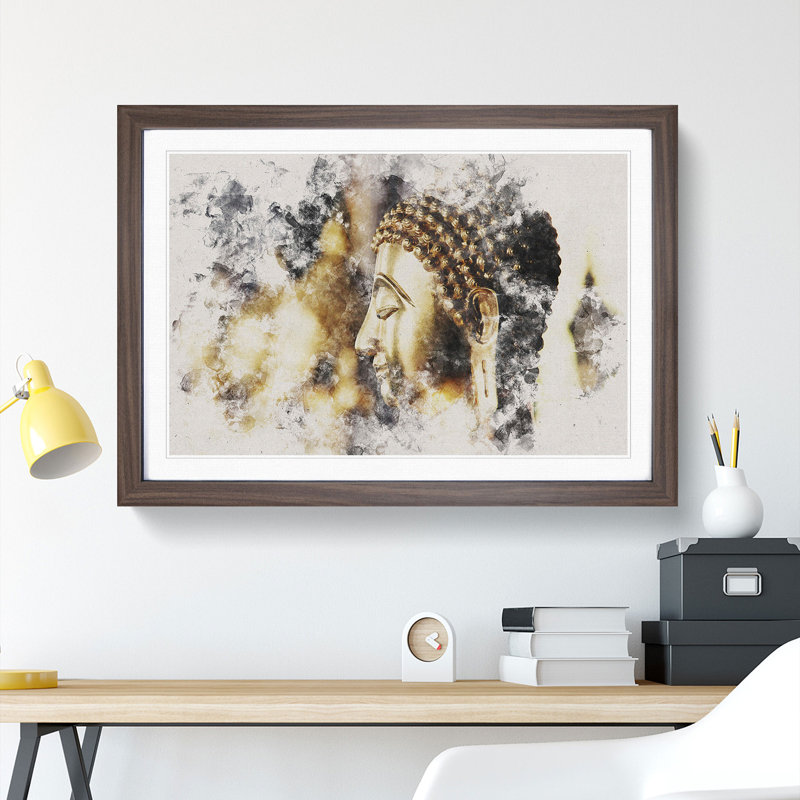 Buddha Statue Vol.5 Watercolour - Picture Frame Graphic Art, 65cm H x 90cm W x 2cm D, Walnut