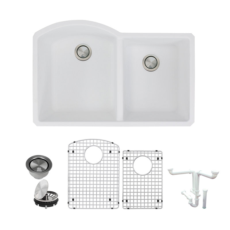 Évier de cuisine à double cuve avec filtre à panier encastrable l 31 po x p 21 po granite Aversa, Blancs