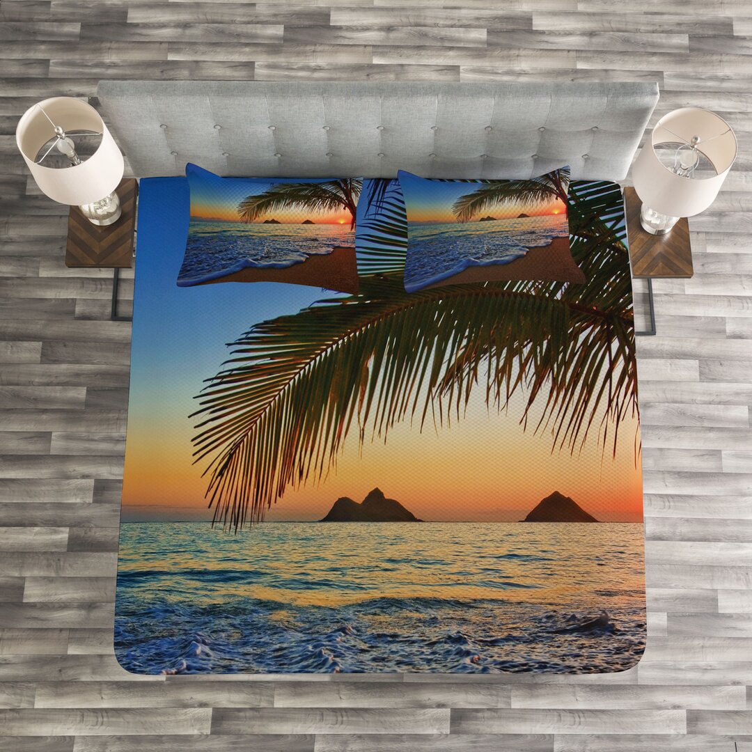 Gestepptes Bettdecken-Set, Sonnenaufgang Lanikai Beach, hawaiisch, Braun Blau