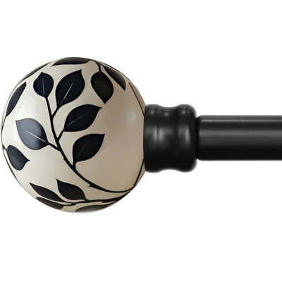 Ceramic Black Curtain Rods For Windows 72 To 144 Inches Adjustable Length Heavy Duty 1" Diameter Window Curtain Rod With Modern Leaf Pattern Decorative Finials For Bedroom Kitchen Living Room