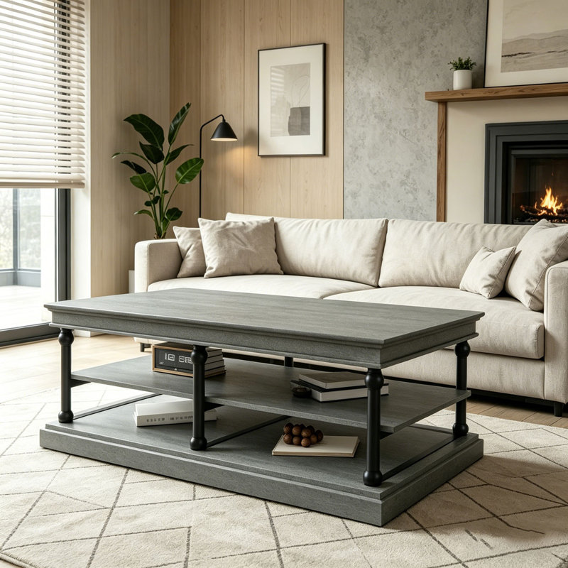 Table basse 55,1 po en bois, 2 tablettes de rangement ouvertes, Gris